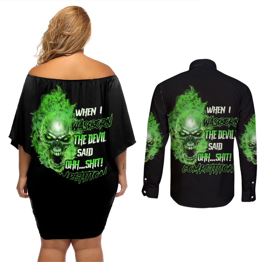 When I Was Born Skull Couples Matching Off Shoulder Short Dress and Long Sleeve Button Shirt - Wonder Print Shop