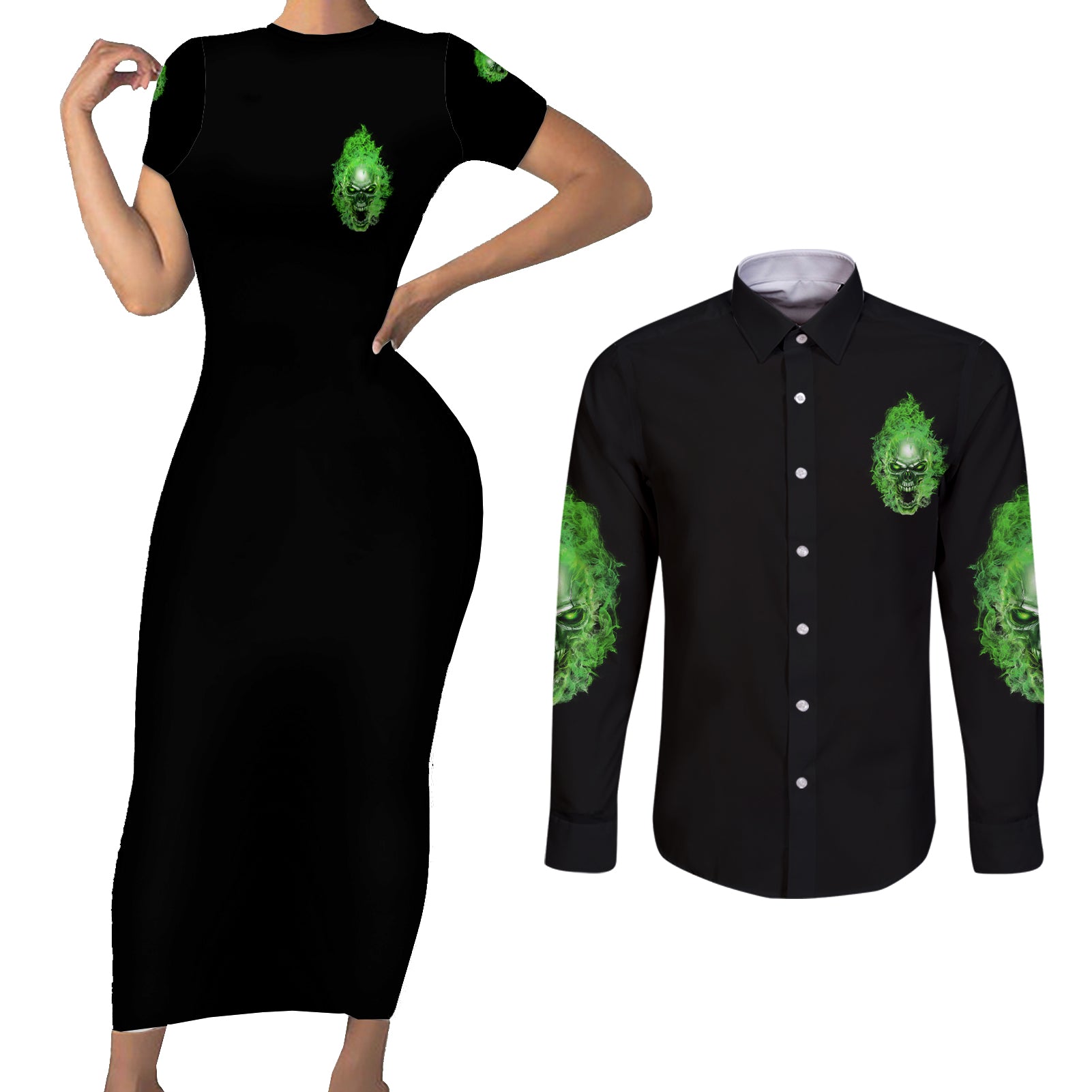 When I Was Born Skull Couples Matching Short Sleeve Bodycon Dress and Long Sleeve Button Shirt - Wonder Print Shop