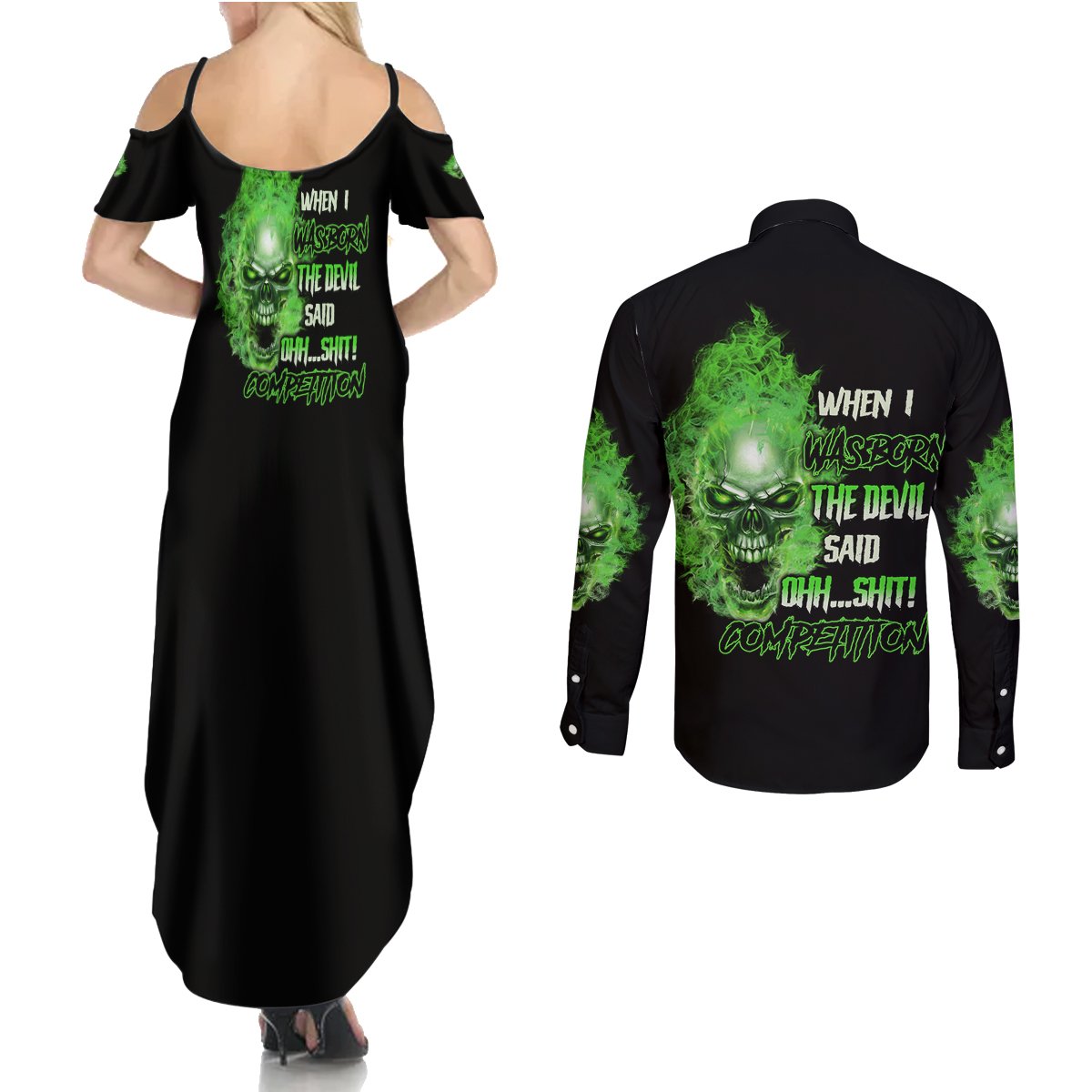 When I Was Born Skull Couples Matching Summer Maxi Dress and Long Sleeve Button Shirt - Wonder Print Shop