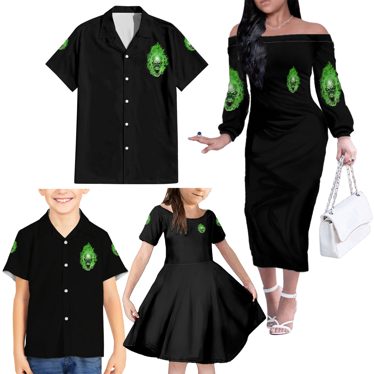When I Was Born Skull Family Matching Off Shoulder Long Sleeve Dress and Hawaiian Shirt - Wonder Print Shop