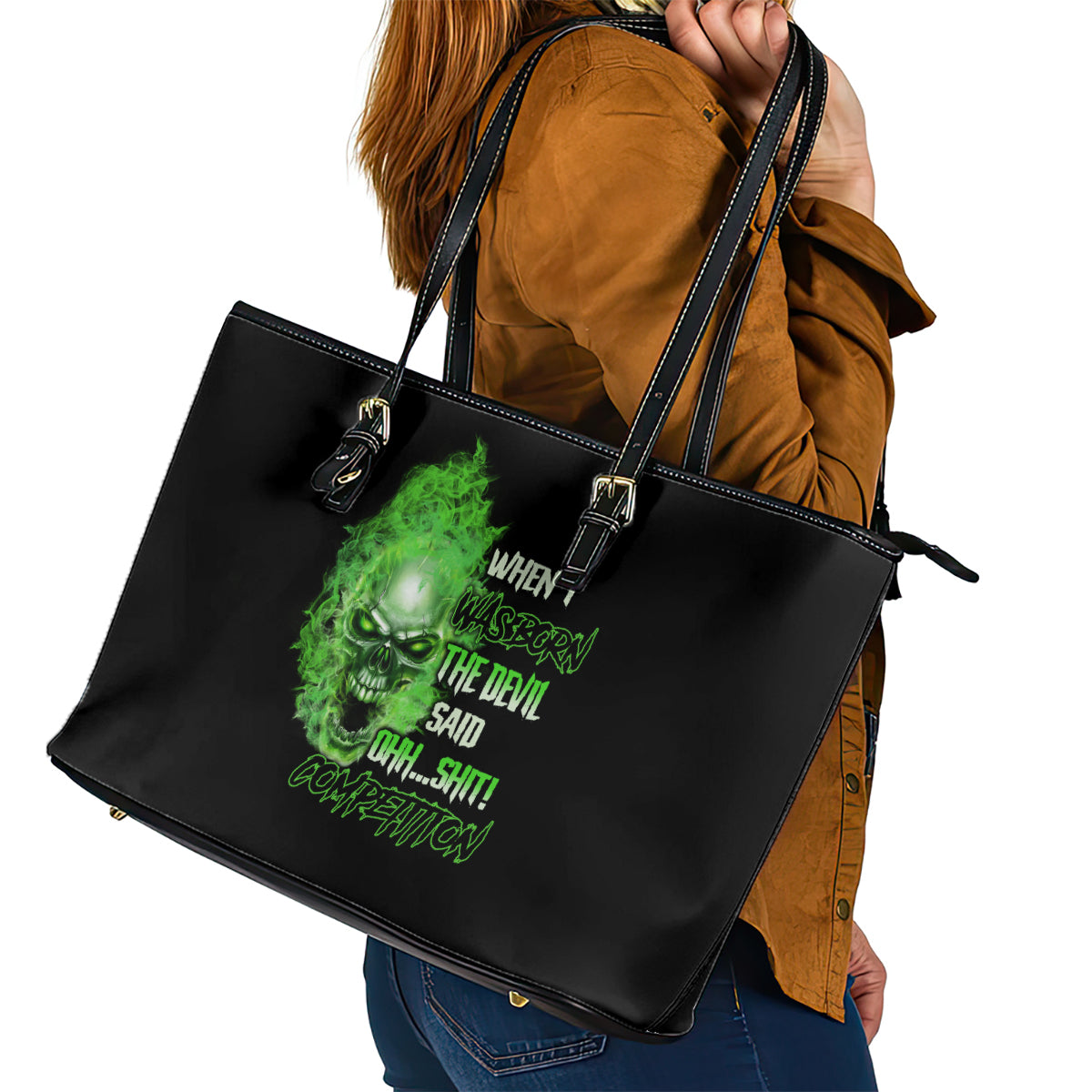 When I Was Born Skull Leather Tote Bag - Wonder Print Shop