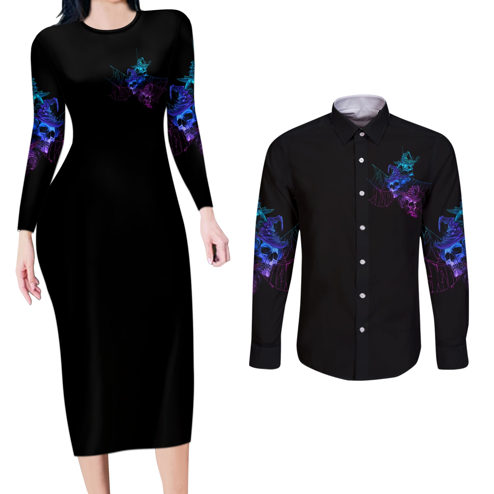 The Good Girl In Me Got Tired Skull Witch Halloween Couples Matching Long Sleeve Bodycon Dress and Long Sleeve Button Shirt - Wonder Print Shop