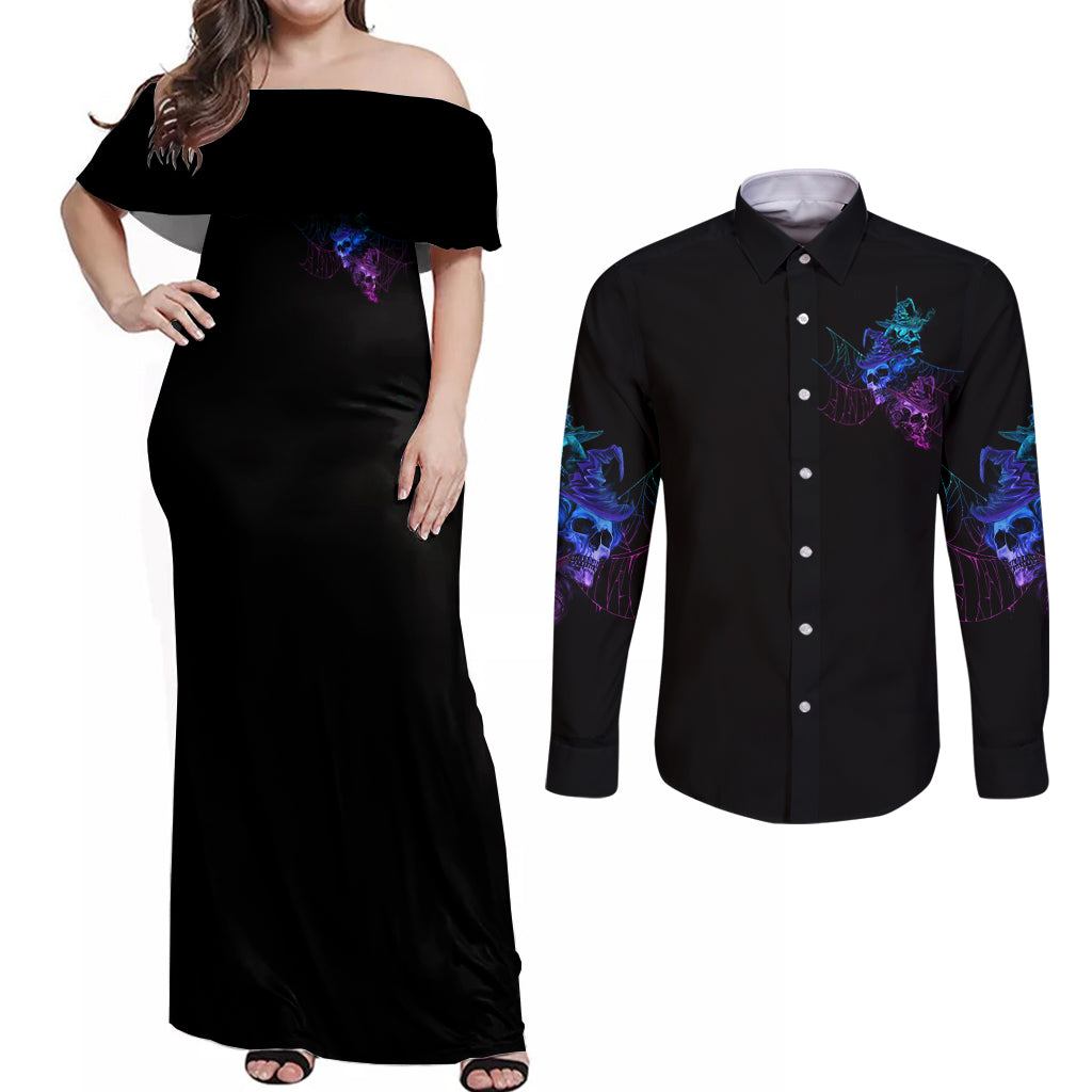 The Good Girl In Me Got Tired Skull Witch Halloween Couples Matching Off Shoulder Maxi Dress and Long Sleeve Button Shirt - Wonder Print Shop