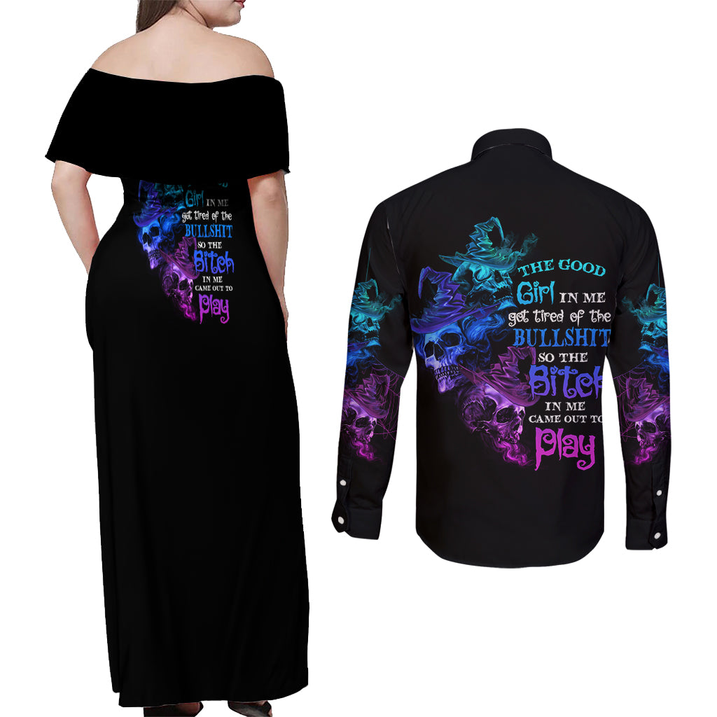 The Good Girl In Me Got Tired Skull Witch Halloween Couples Matching Off Shoulder Maxi Dress and Long Sleeve Button Shirt - Wonder Print Shop