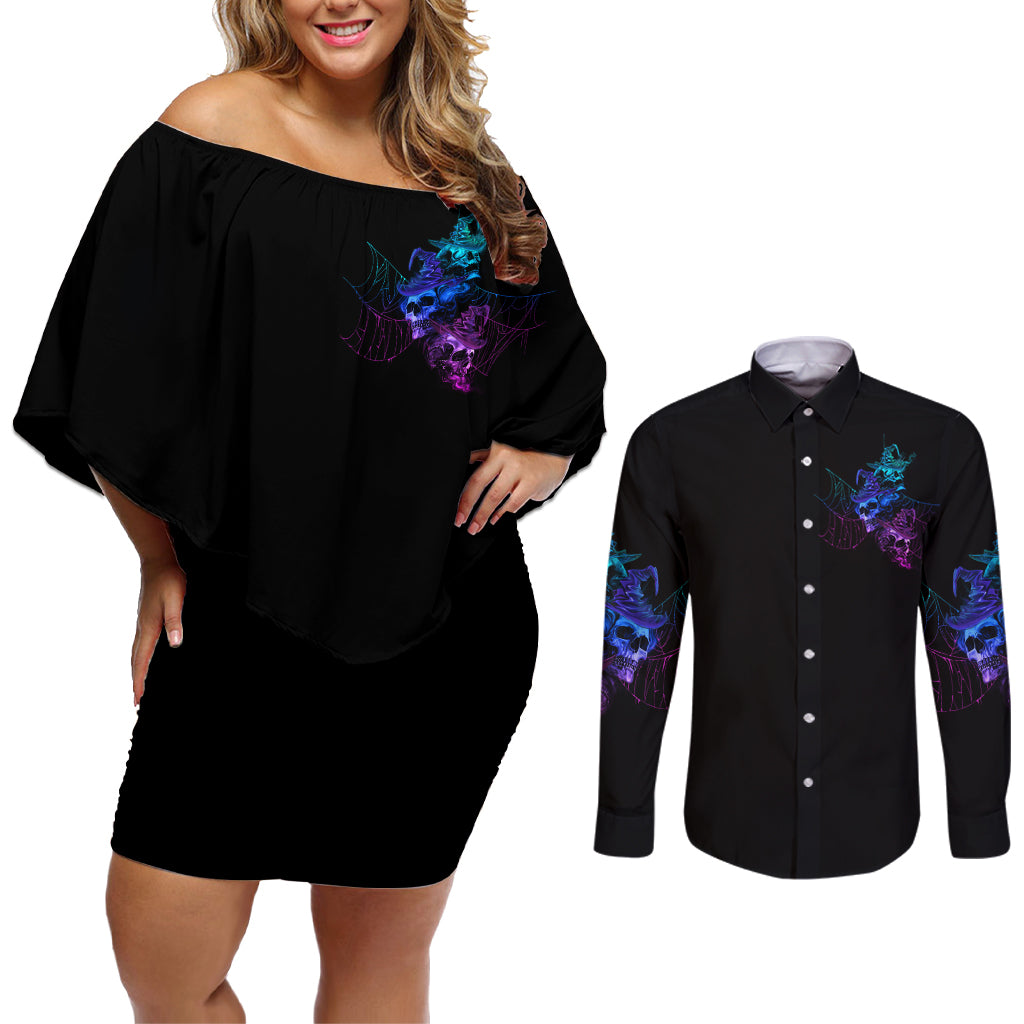The Good Girl In Me Got Tired Skull Witch Halloween Couples Matching Off Shoulder Short Dress and Long Sleeve Button Shirt - Wonder Print Shop