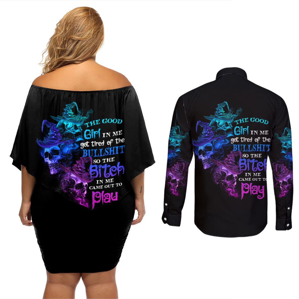 The Good Girl In Me Got Tired Skull Witch Halloween Couples Matching Off Shoulder Short Dress and Long Sleeve Button Shirt - Wonder Print Shop