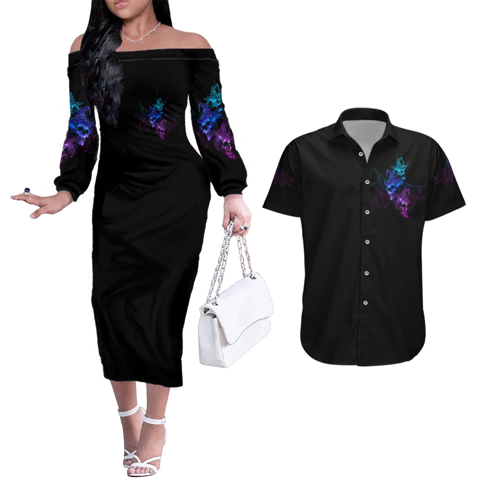 The Good Girl In Me Got Tired Skull Witch Halloween Couples Matching Off The Shoulder Long Sleeve Dress and Hawaiian Shirt - Wonder Print Shop