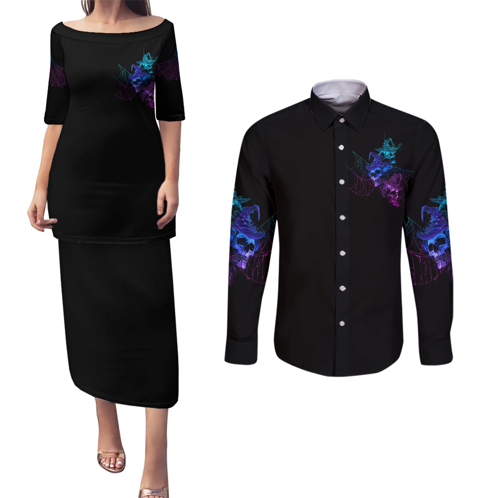 The Good Girl In Me Got Tired Skull Witch Halloween Couples Matching Puletasi Dress and Long Sleeve Button Shirt - Wonder Print Shop