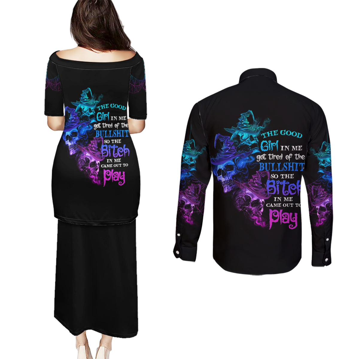 The Good Girl In Me Got Tired Skull Witch Halloween Couples Matching Puletasi Dress and Long Sleeve Button Shirt - Wonder Print Shop