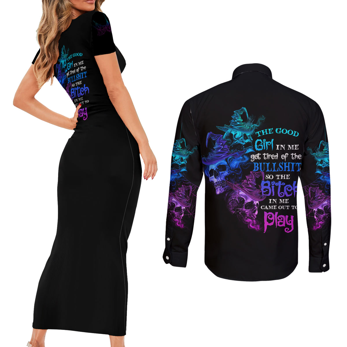 The Good Girl In Me Got Tired Skull Witch Halloween Couples Matching Short Sleeve Bodycon Dress and Long Sleeve Button Shirt - Wonder Print Shop