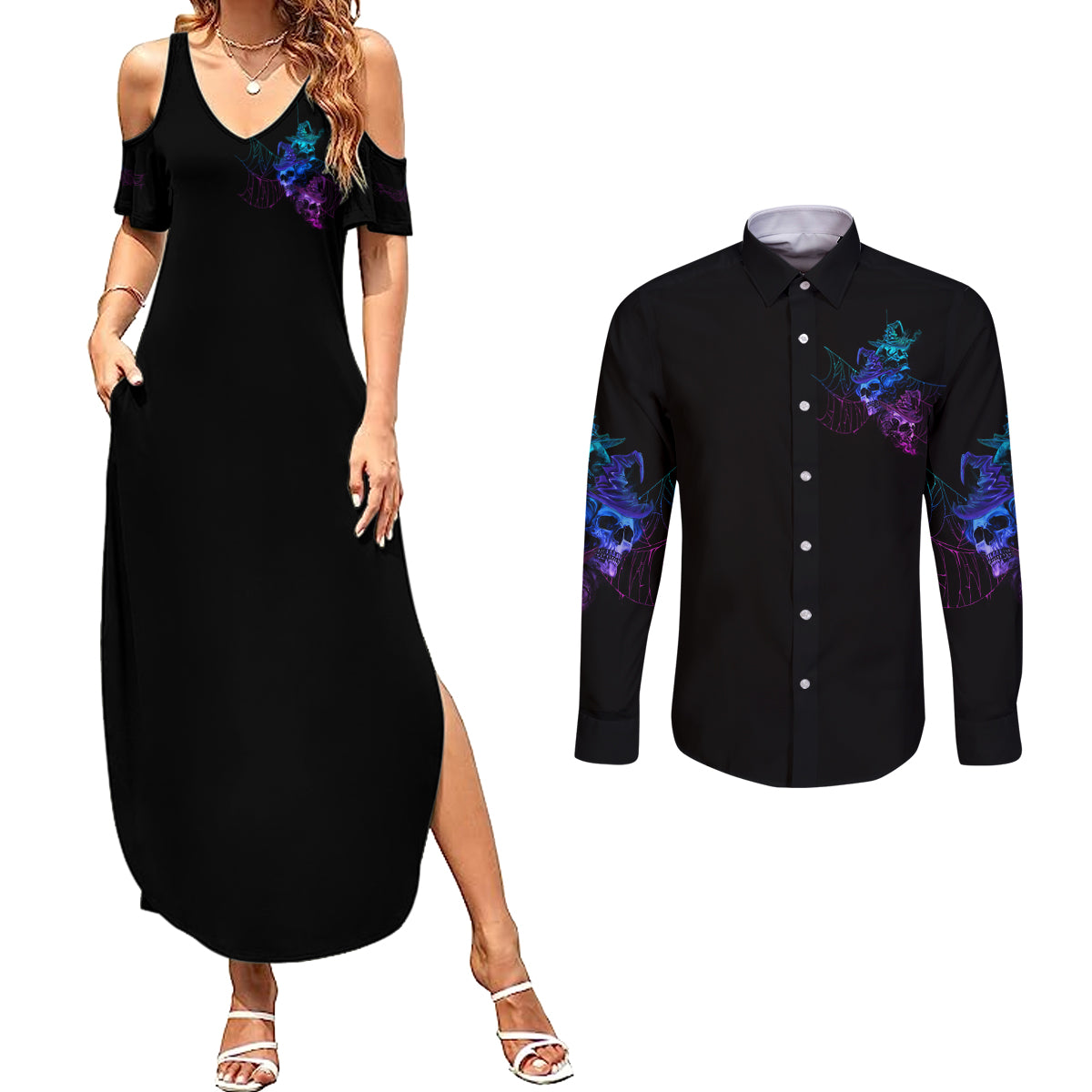 The Good Girl In Me Got Tired Skull Witch Halloween Couples Matching Summer Maxi Dress and Long Sleeve Button Shirt - Wonder Print Shop