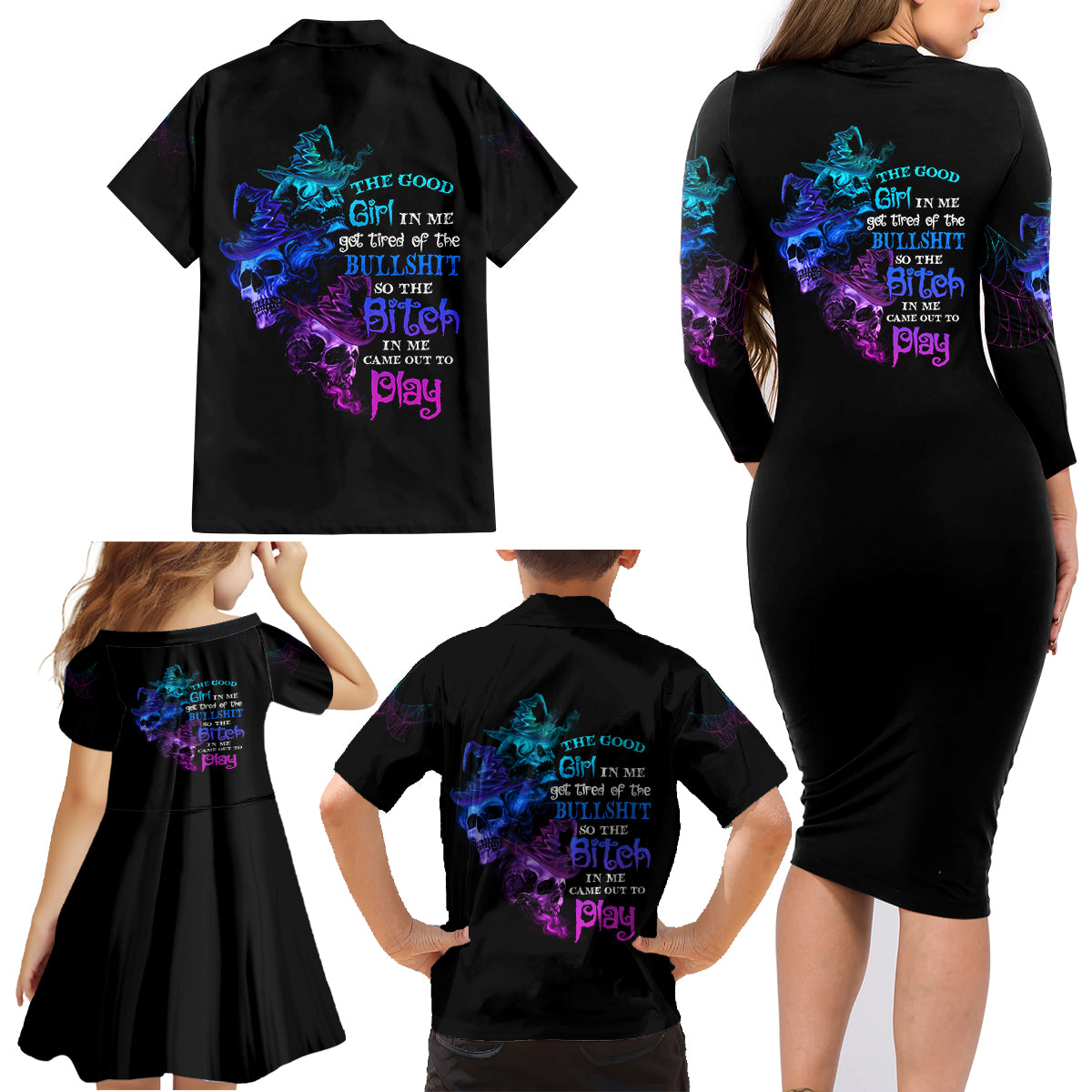 The Good Girl In Me Got Tired Skull Witch Halloween Family Matching Long Sleeve Bodycon Dress and Hawaiian Shirt - Wonder Print Shop