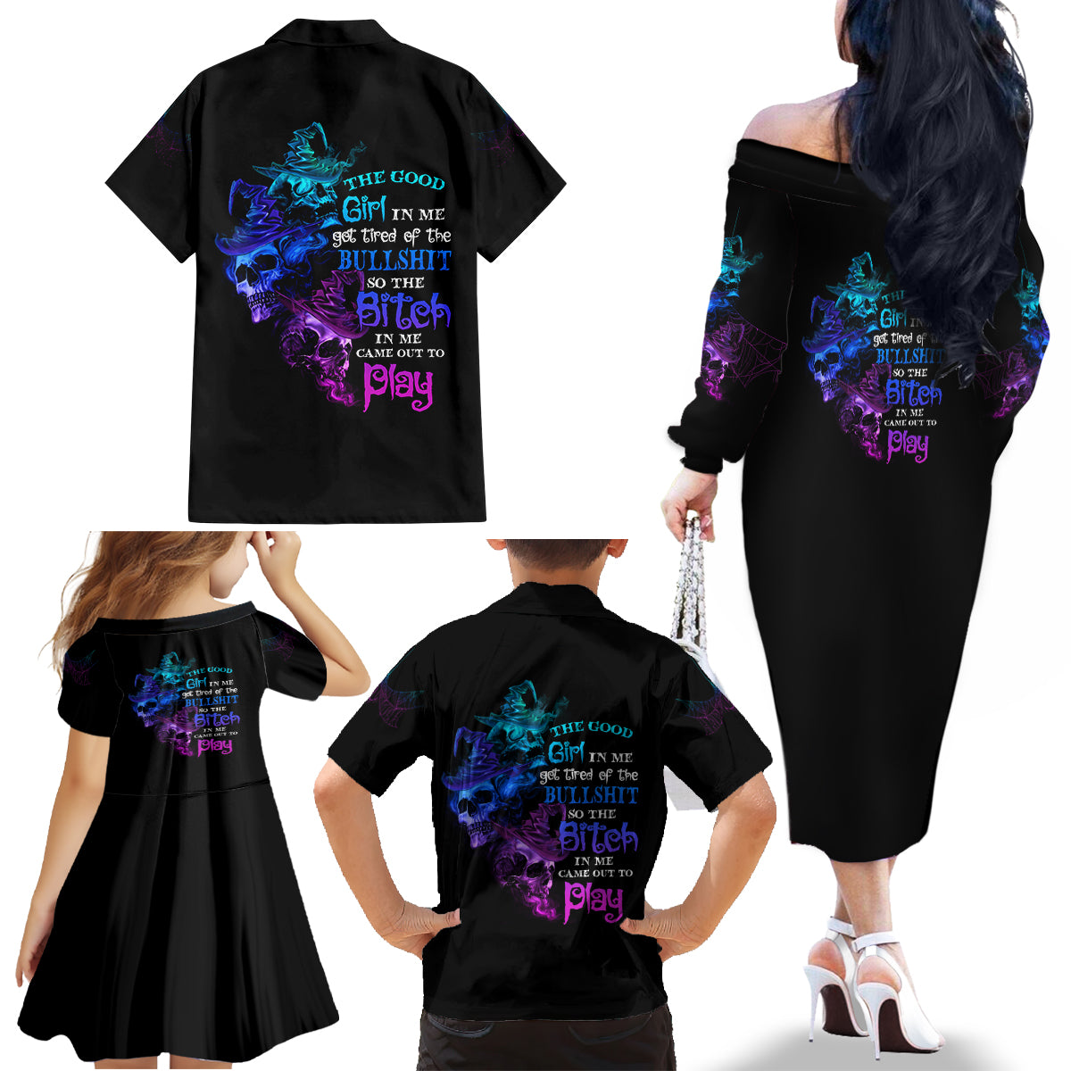 The Good Girl In Me Got Tired Skull Witch Halloween Family Matching Off Shoulder Long Sleeve Dress and Hawaiian Shirt - Wonder Print Shop