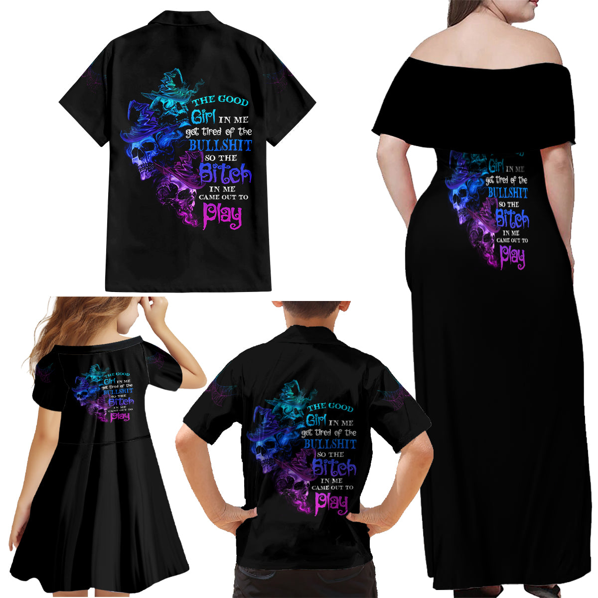 The Good Girl In Me Got Tired Skull Witch Halloween Family Matching Off Shoulder Maxi Dress and Hawaiian Shirt - Wonder Print Shop