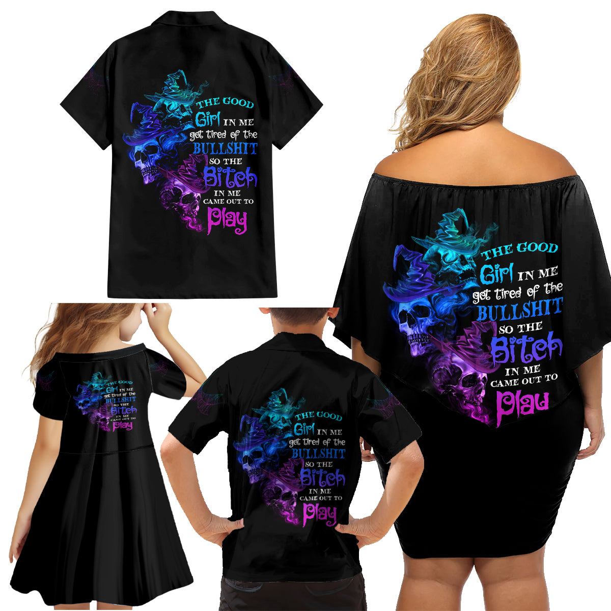 The Good Girl In Me Got Tired Skull Witch Halloween Family Matching Off Shoulder Short Dress and Hawaiian Shirt - Wonder Print Shop