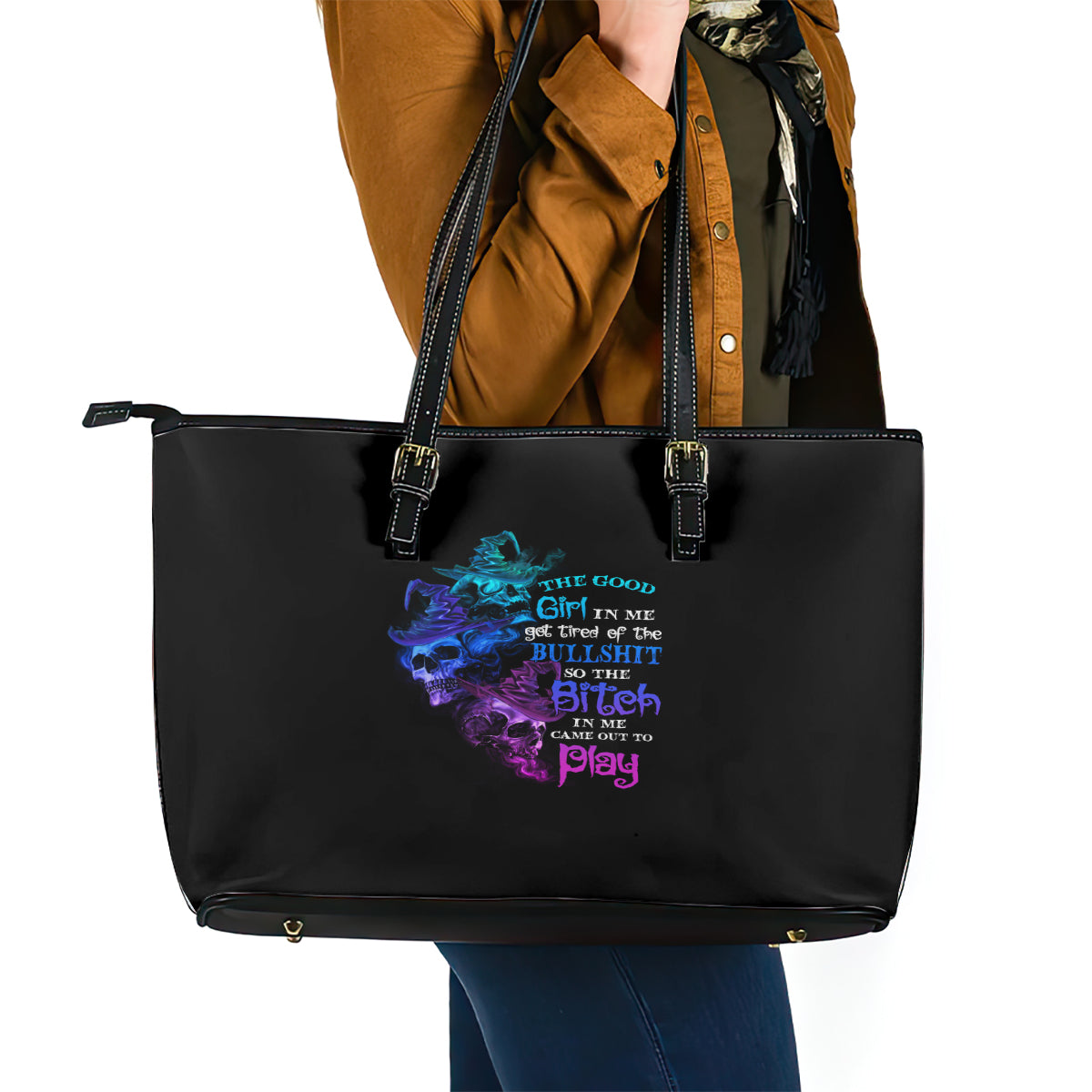 The Good Girl In Me Got Tired Skull Witch Halloween Leather Tote Bag - Wonder Print Shop