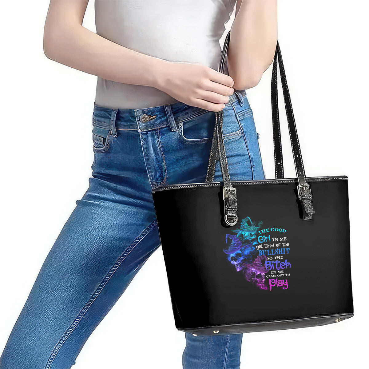 The Good Girl In Me Got Tired Skull Witch Halloween Leather Tote Bag - Wonder Print Shop