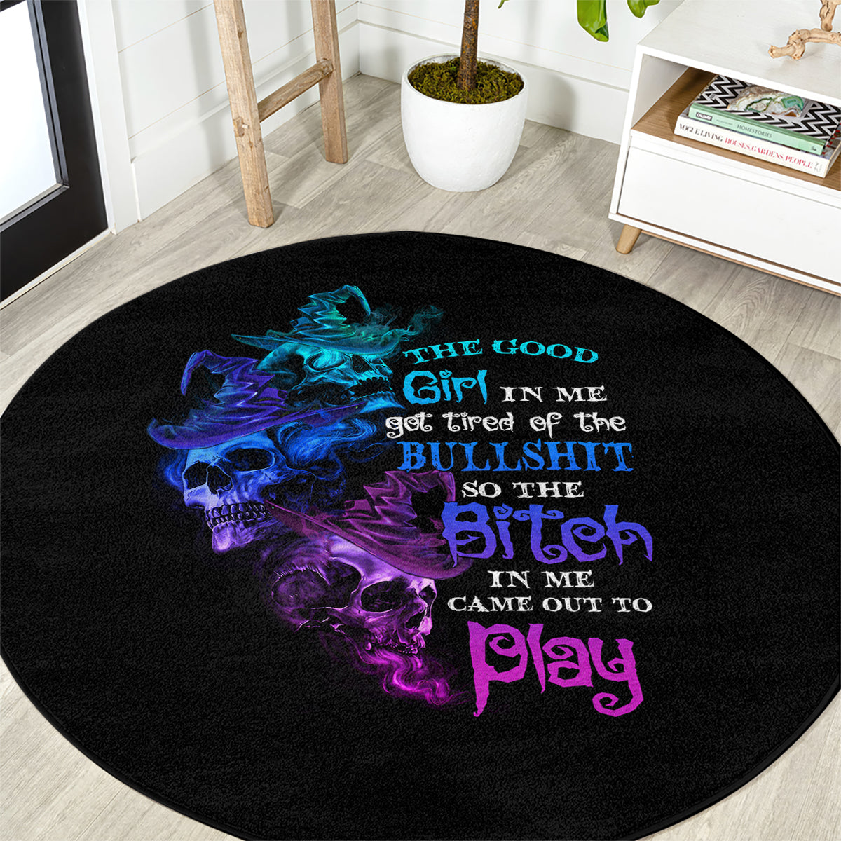 the-good-girl-in-me-got-tired-skull-witch-halloween-round-carpet
