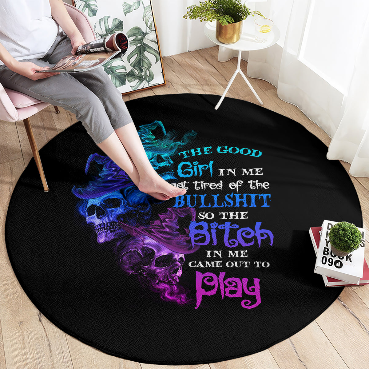 the-good-girl-in-me-got-tired-skull-witch-halloween-round-carpet