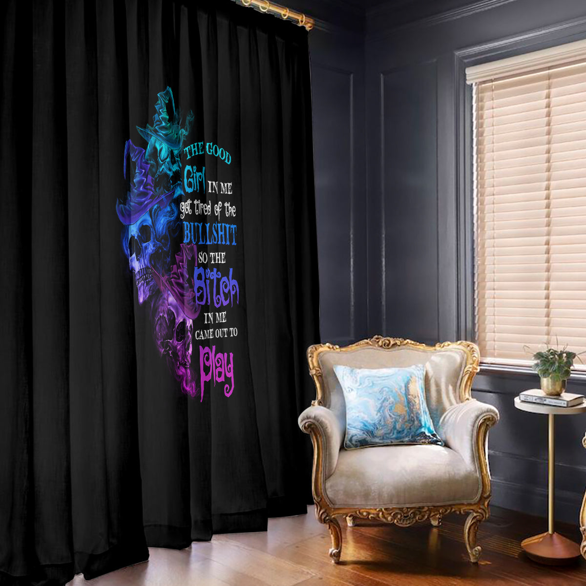 The Good Girl In Me Got Tired Skull Witch Halloween Window Curtain - Wonder Print Shop
