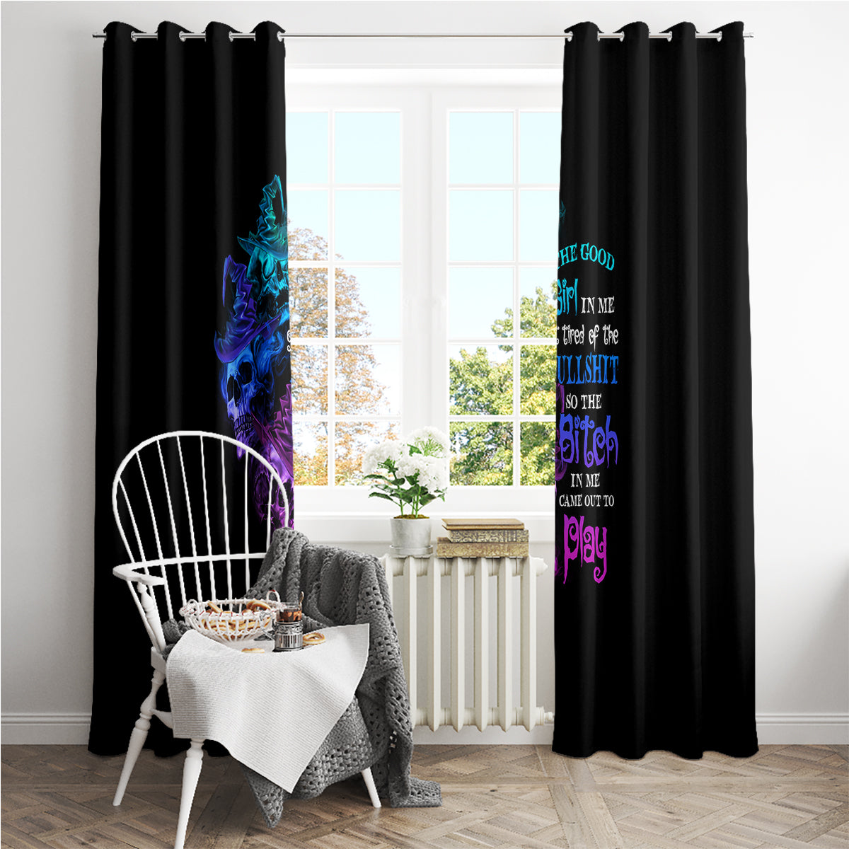 The Good Girl In Me Got Tired Skull Witch Halloween Window Curtain - Wonder Print Shop