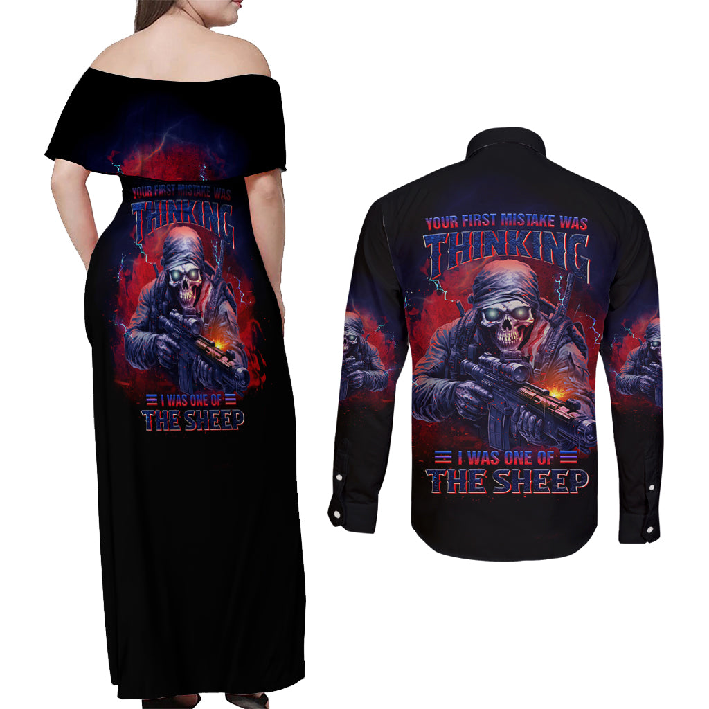 Your First Mistake Was Thinking Couples Matching Off Shoulder Maxi Dress and Long Sleeve Button Shirt - Wonder Print Shop