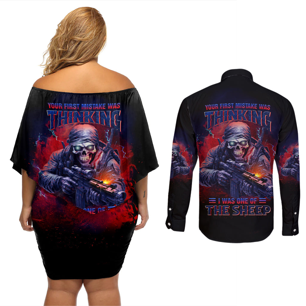Your First Mistake Was Thinking Couples Matching Off Shoulder Short Dress and Long Sleeve Button Shirt - Wonder Print Shop
