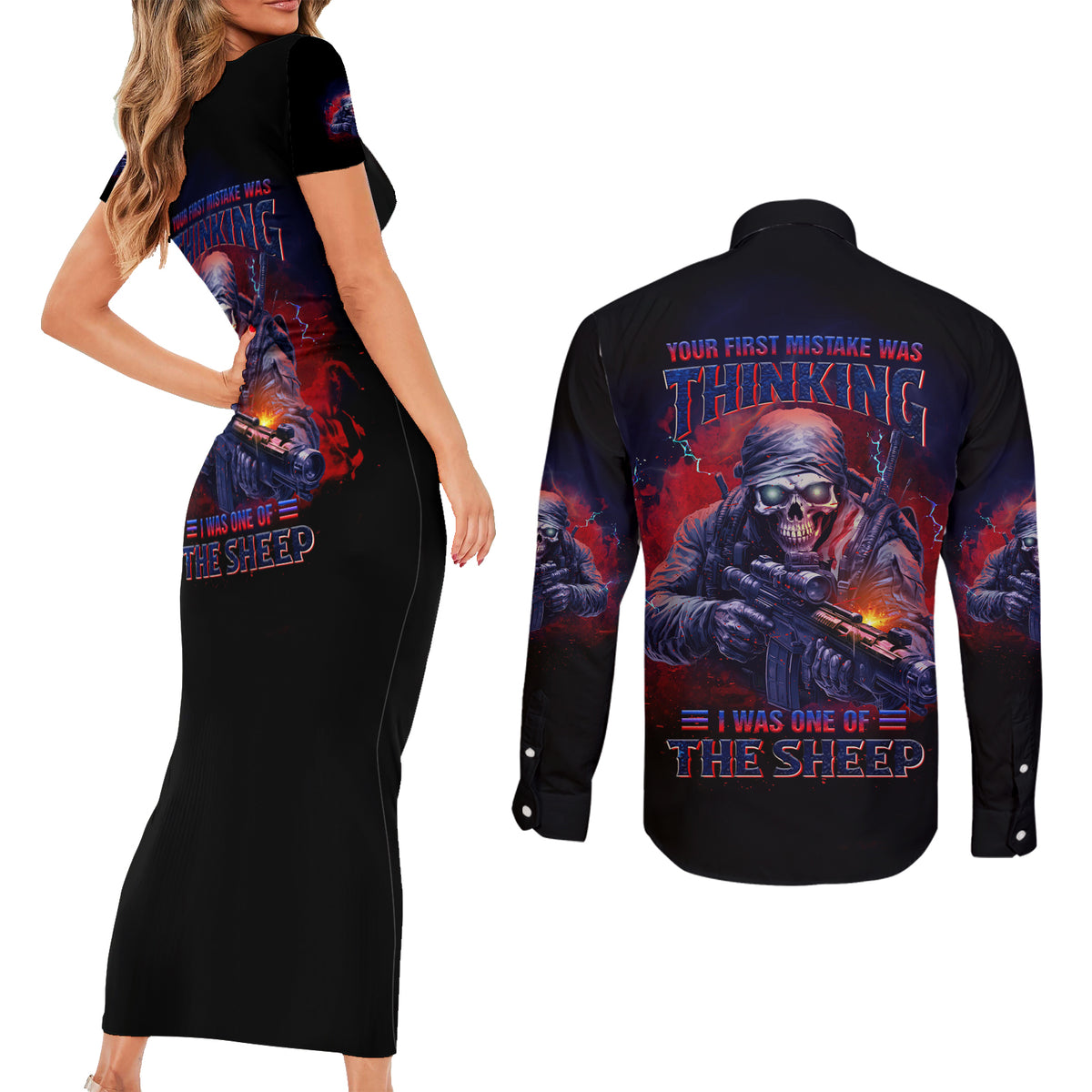 Your First Mistake Was Thinking Couples Matching Short Sleeve Bodycon Dress and Long Sleeve Button Shirt - Wonder Print Shop