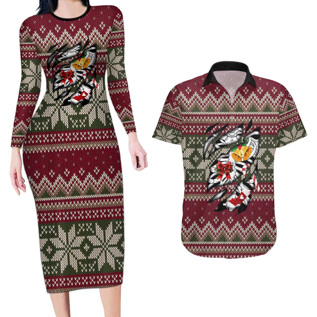 Skeleton Candy Cane Christmas Couples Matching Long Sleeve Bodycon Dress and Hawaiian Shirt Xmas Holiday Patterns - Wonder Print Shop