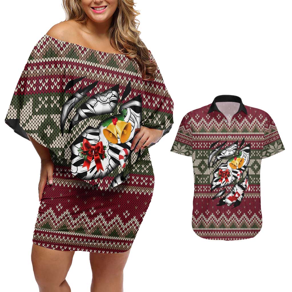 Skeleton Candy Cane Christmas Couples Matching Off Shoulder Short Dress and Hawaiian Shirt Xmas Holiday Patterns - Wonder Print Shop