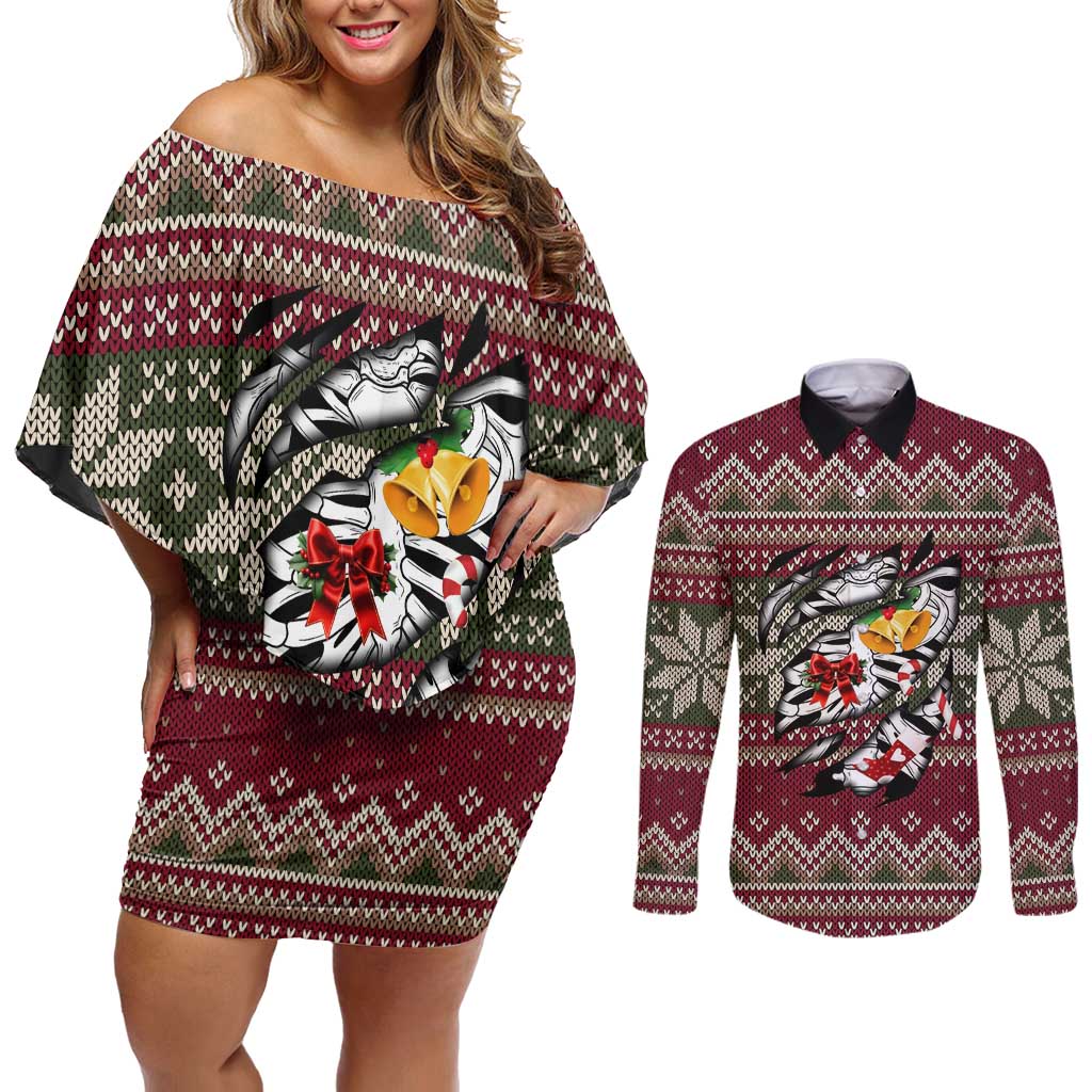 Skeleton Candy Cane Christmas Couples Matching Off Shoulder Short Dress and Long Sleeve Button Shirt Xmas Holiday Patterns - Wonder Print Shop
