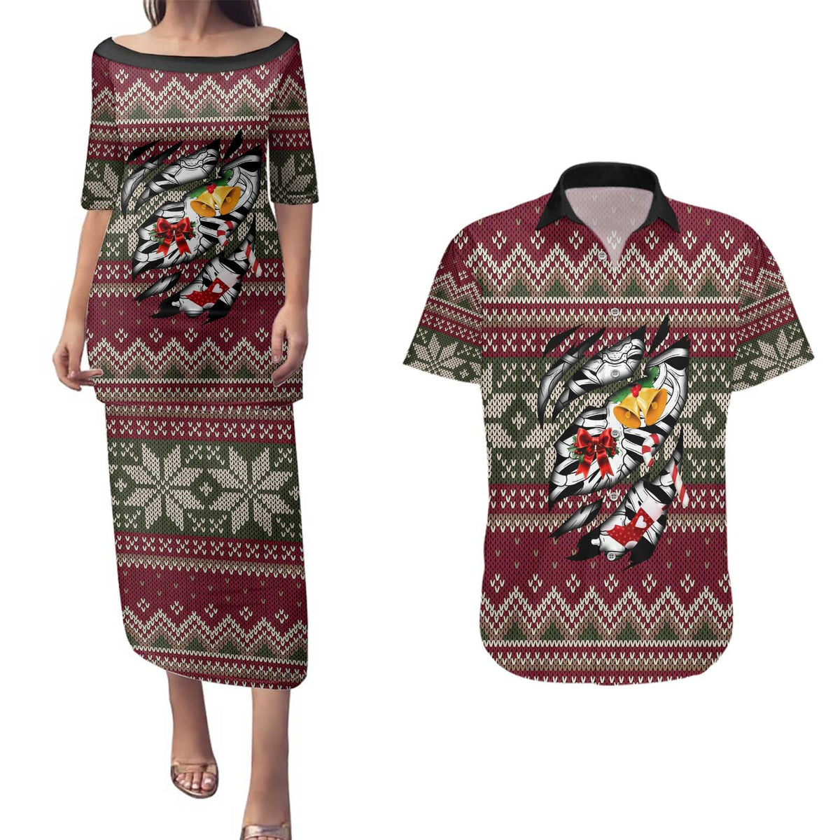 Skeleton Candy Cane Christmas Couples Matching Puletasi and Hawaiian Shirt Xmas Holiday Patterns - Wonder Print Shop