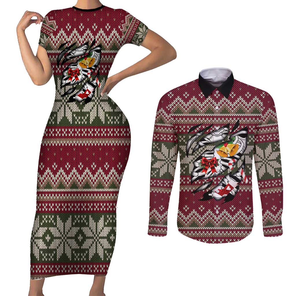 Skeleton Candy Cane Christmas Couples Matching Short Sleeve Bodycon Dress and Long Sleeve Button Shirt Xmas Holiday Patterns - Wonder Print Shop