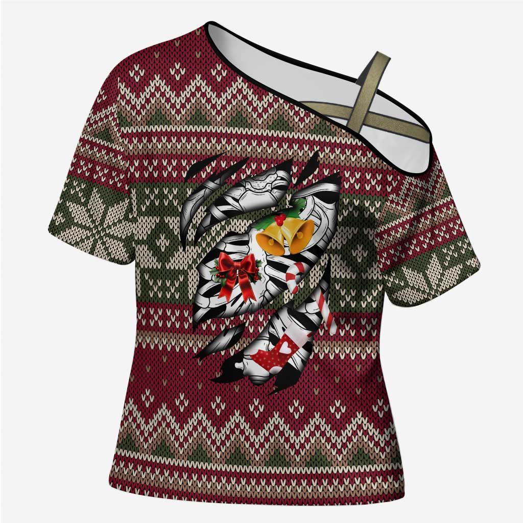 Skeleton Candy Cane Christmas Cross Shoulder Shirt Xmas Holiday Patterns - Wonder Print Shop
