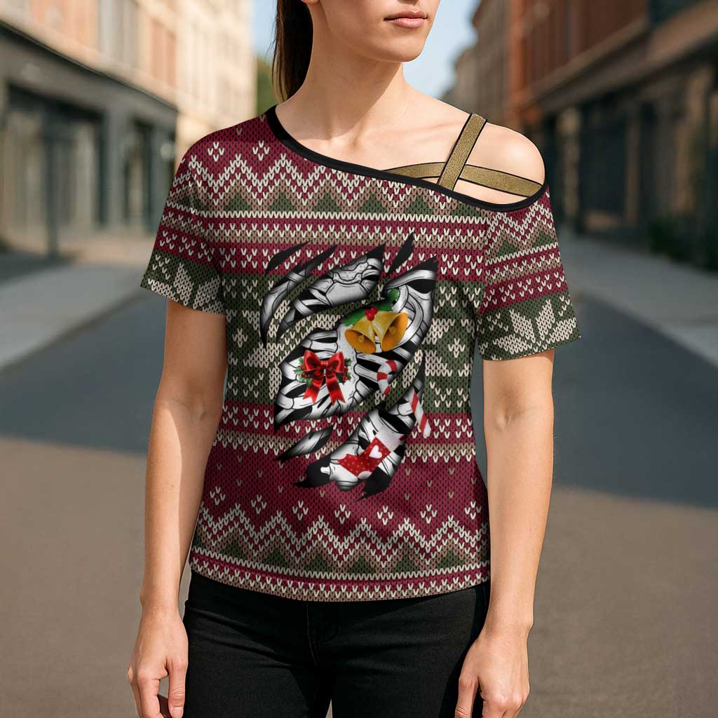 Skeleton Candy Cane Christmas Cross Shoulder Shirt Xmas Holiday Patterns - Wonder Print Shop