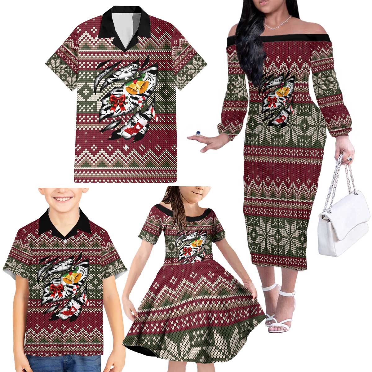 Skeleton Candy Cane Christmas Family Matching Off The Shoulder Long Sleeve Dress and Hawaiian Shirt Xmas Holiday Patterns - Wonder Print Shop