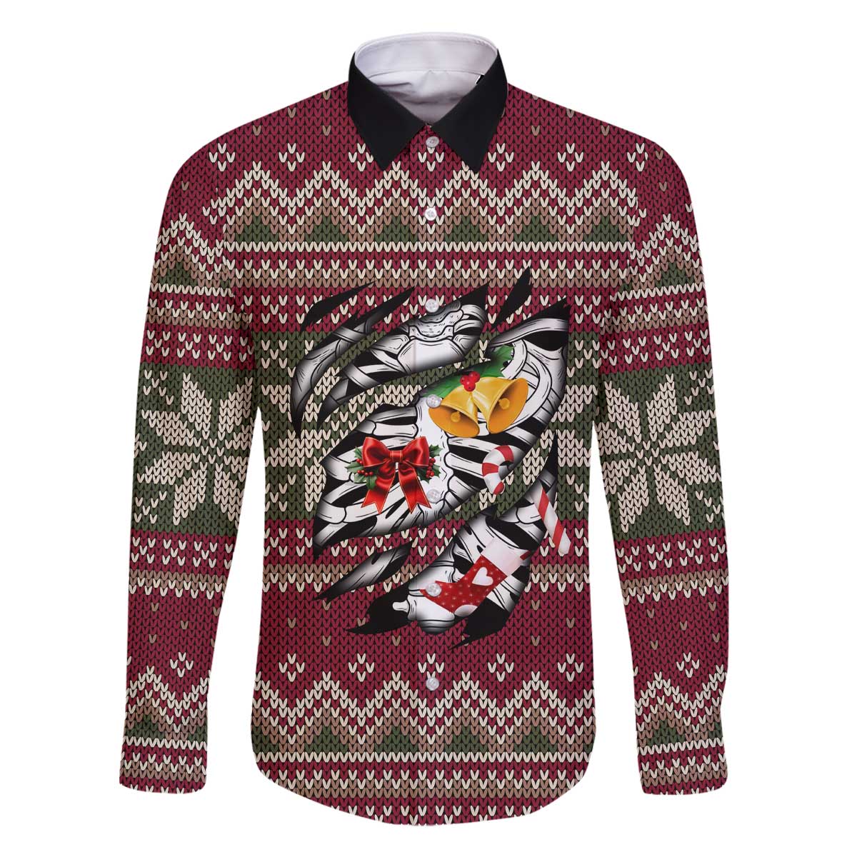 Skeleton Candy Cane Christmas Family Matching Off The Shoulder Long Sleeve Dress and Hawaiian Shirt Xmas Holiday Patterns - Wonder Print Shop