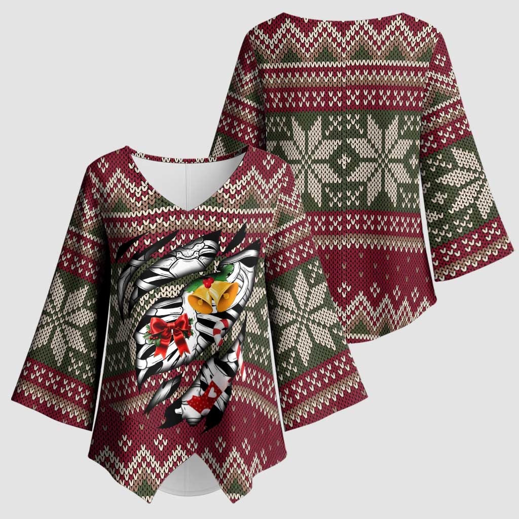 Skeleton Candy Cane Christmas Kimono Sleeve Blouse Xmas Holiday Patterns - Wonder Print Shop
