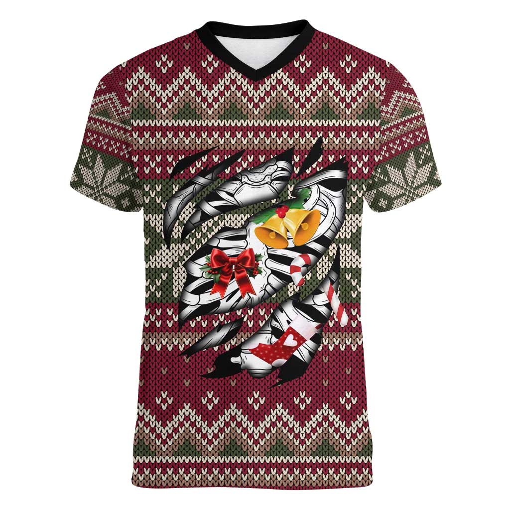Skeleton Candy Cane Christmas Women V-Neck T-Shirt Xmas Holiday Patterns - Wonder Print Shop