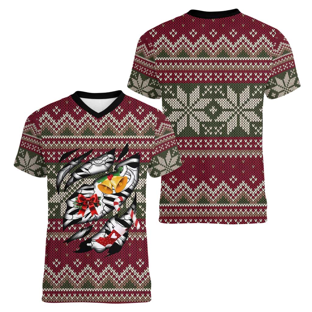 Skeleton Candy Cane Christmas Women V-Neck T-Shirt Xmas Holiday Patterns - Wonder Print Shop