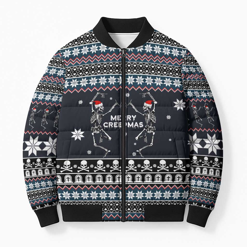 Skeleton Merry Creepmas Christmas Bomber Puffer Jacket Xmas Holiday Patterns - Wonder Print Shop