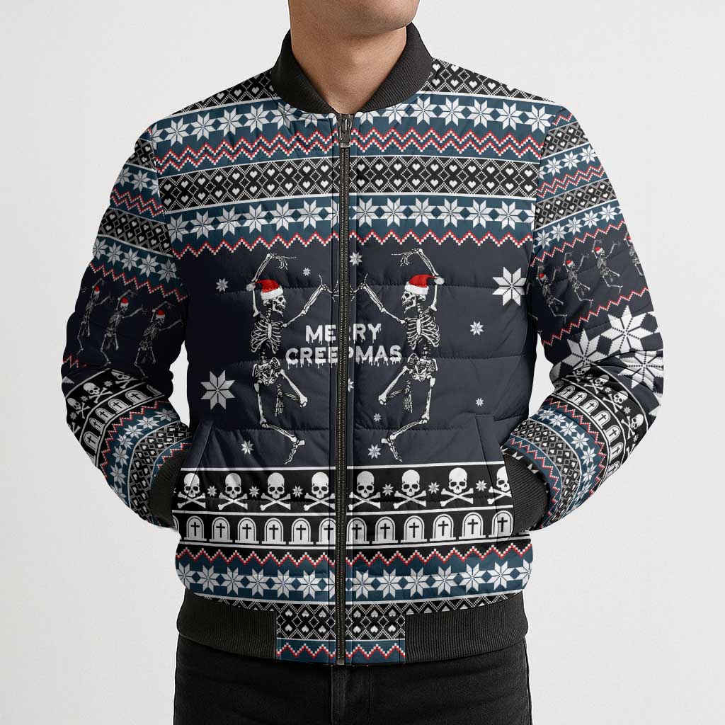 Skeleton Merry Creepmas Christmas Bomber Puffer Jacket Xmas Holiday Patterns - Wonder Print Shop