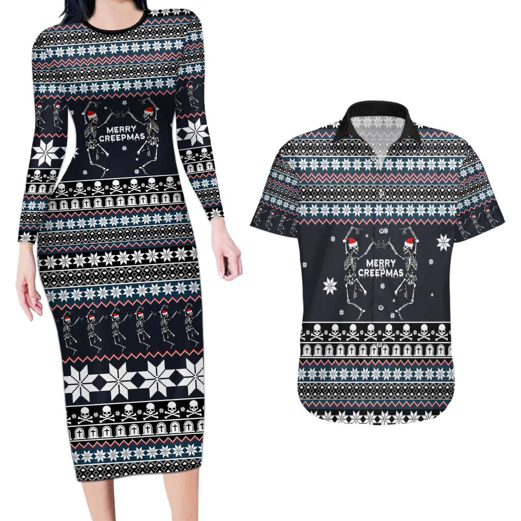 Skeleton Merry Creepmas Christmas Couples Matching Long Sleeve Bodycon Dress and Hawaiian Shirt Xmas Holiday Patterns - Wonder Print Shop