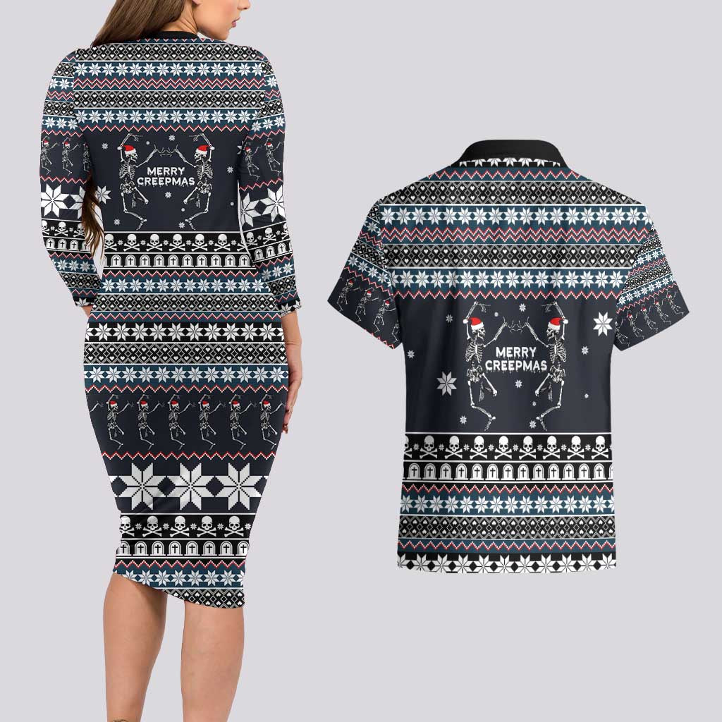 Skeleton Merry Creepmas Christmas Couples Matching Long Sleeve Bodycon Dress and Hawaiian Shirt Xmas Holiday Patterns - Wonder Print Shop