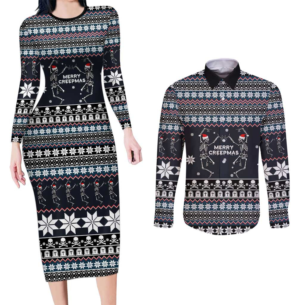Skeleton Merry Creepmas Christmas Couples Matching Long Sleeve Bodycon Dress and Long Sleeve Button Shirt Xmas Holiday Patterns - Wonder Print Shop
