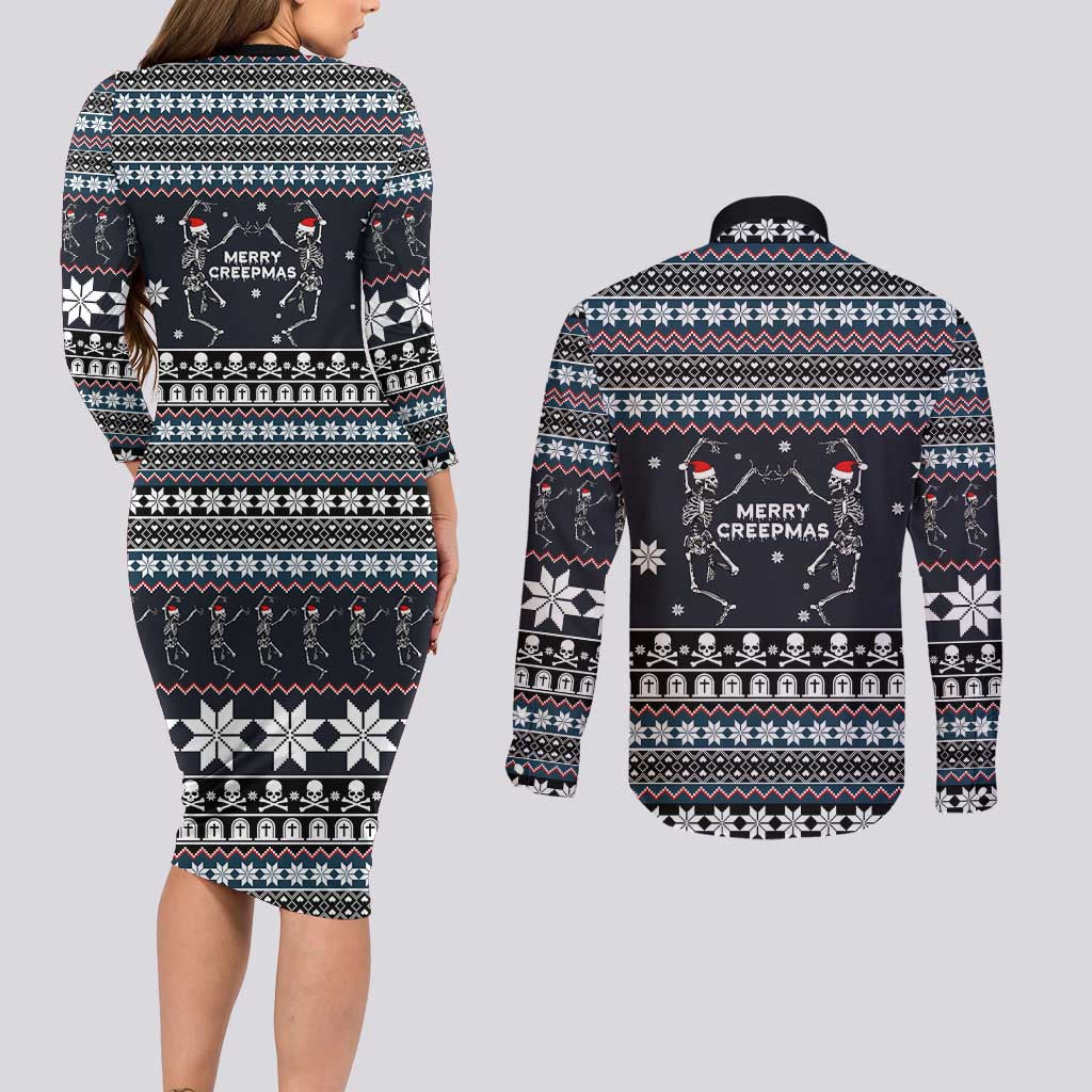 Skeleton Merry Creepmas Christmas Couples Matching Long Sleeve Bodycon Dress and Long Sleeve Button Shirt Xmas Holiday Patterns - Wonder Print Shop