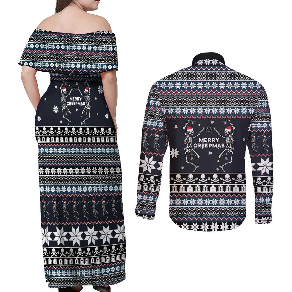 Skeleton Merry Creepmas Christmas Couples Matching Off Shoulder Maxi Dress and Long Sleeve Button Shirt Xmas Holiday Patterns - Wonder Print Shop
