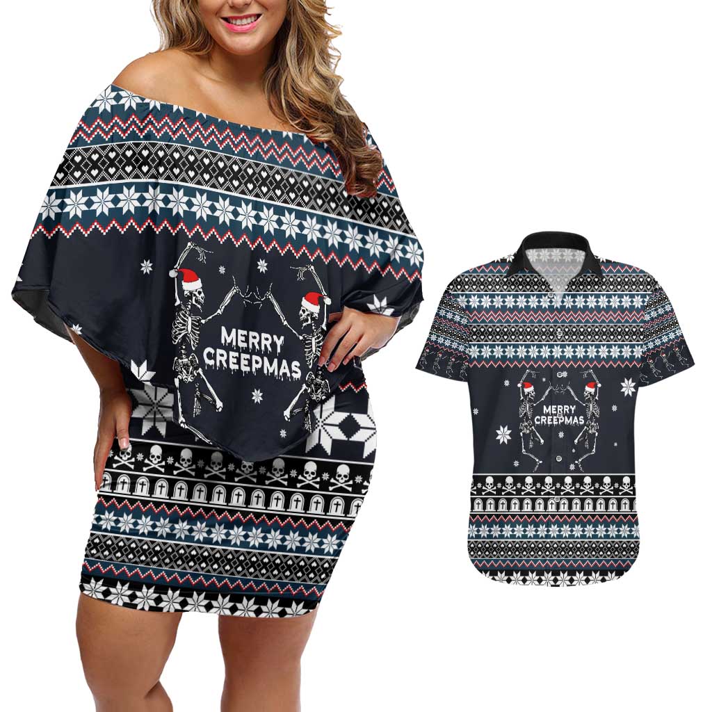 Skeleton Merry Creepmas Christmas Couples Matching Off Shoulder Short Dress and Hawaiian Shirt Xmas Holiday Patterns - Wonder Print Shop
