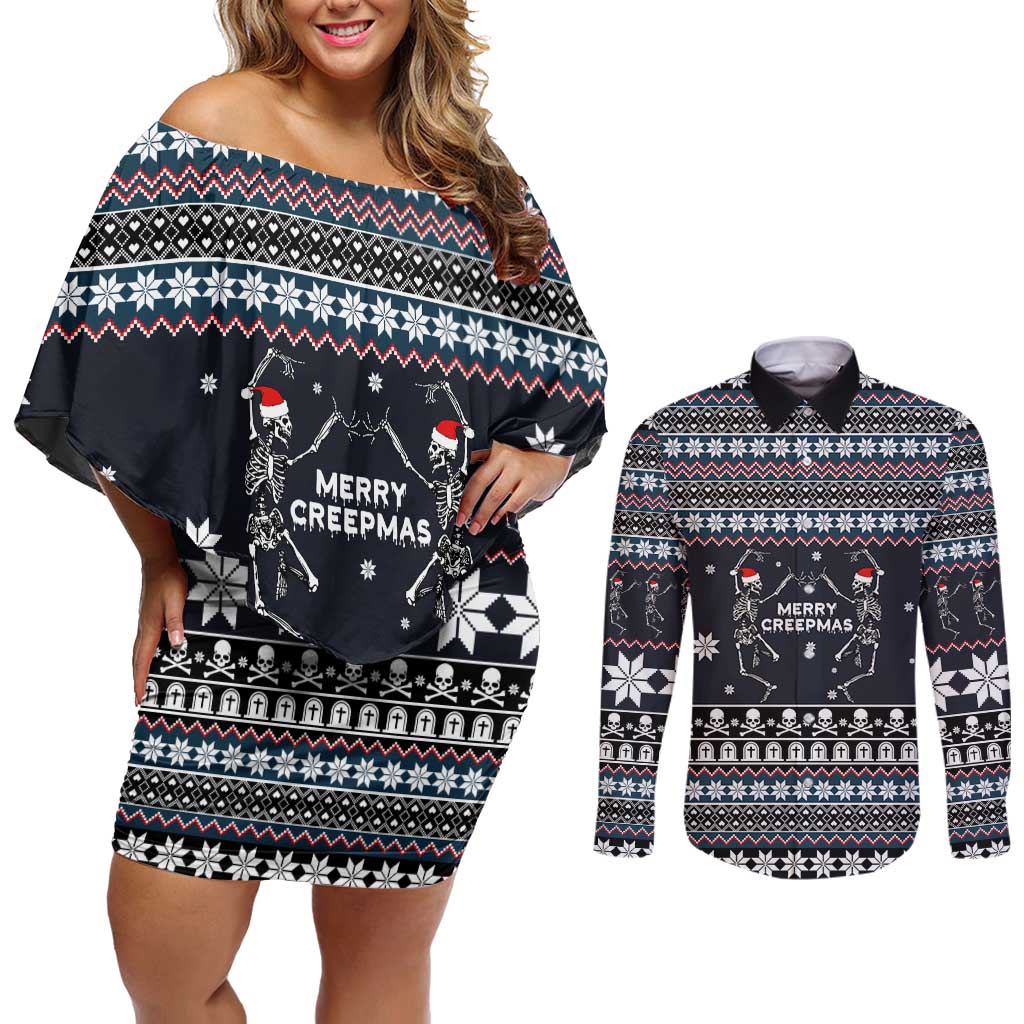 Skeleton Merry Creepmas Christmas Couples Matching Off Shoulder Short Dress and Long Sleeve Button Shirt Xmas Holiday Patterns - Wonder Print Shop