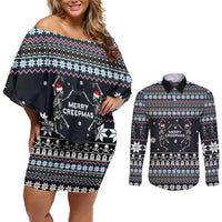 Skeleton Merry Creepmas Christmas Couples Matching Off Shoulder Short Dress and Long Sleeve Button Shirt Xmas Holiday Patterns - Wonder Print Shop